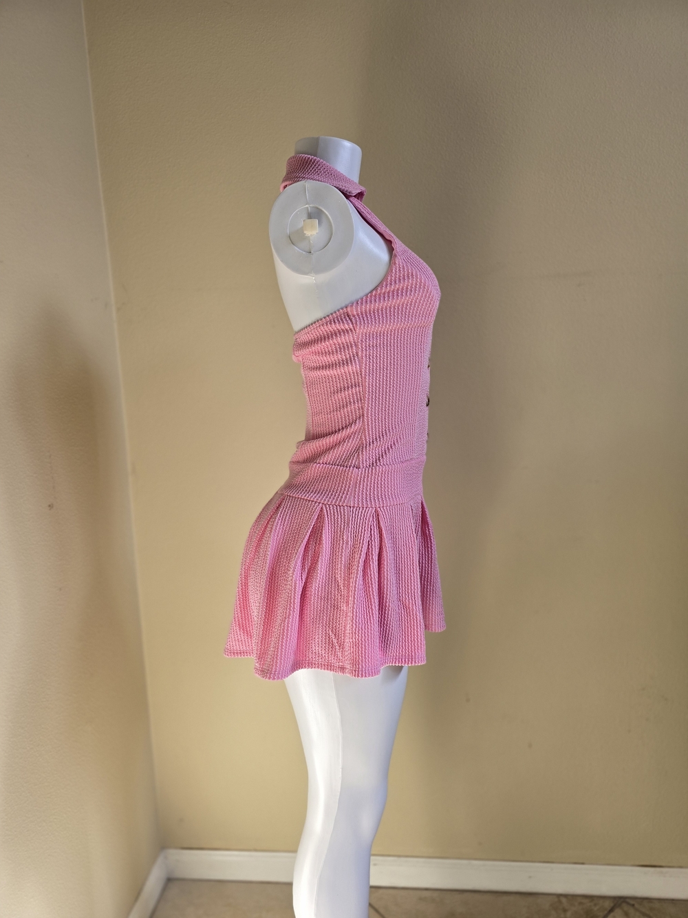 Brand New!Women's Pink Knit Button Halter Mini Dress - Picture 8 of 8